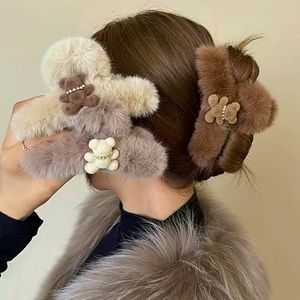 NWT! Plush Teddy Bear Hair Clip! Fuzzy Claw Hair accessory. Brown w/ bear charm